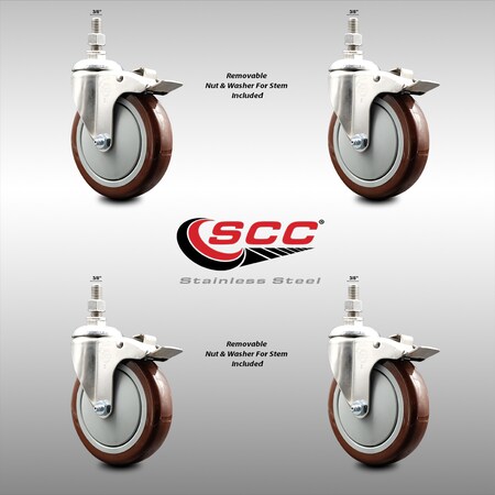 Service Caster 5 Inch 316SS Maroon Polyurethane Swivel 3/8 Inch Stem Caster Set Lock Brake SCC SS316TSTTL20S514-PPUB-MRN-381615-4